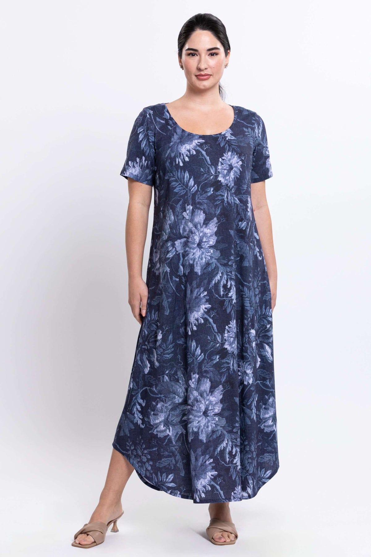 Front view of model wearing Martha maxi dress in navy floral print