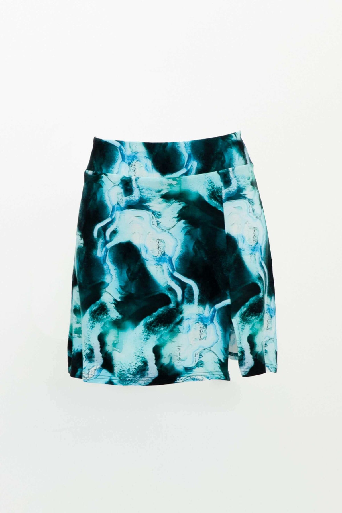 Front view of Melly Skort in Arctic Blue with abstract blue and teal pattern