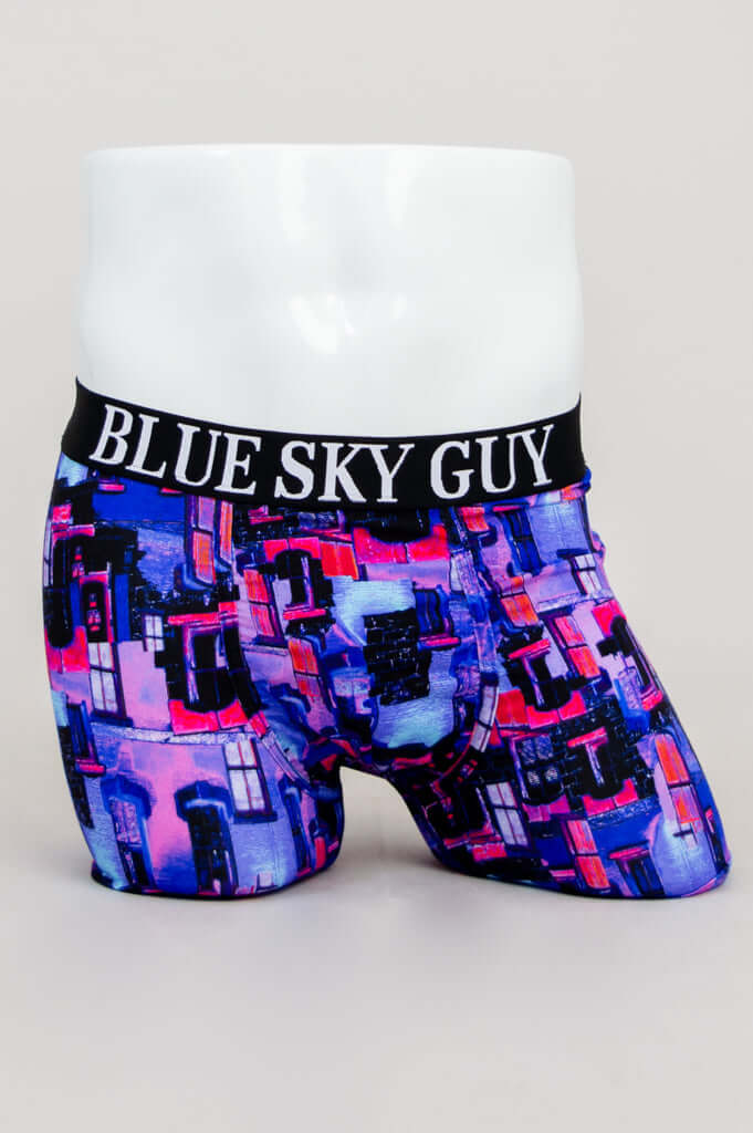 Front view of Middle Man Bamboo Boxer Briefs with bold graphic print and BLUE SKY GUY waistband