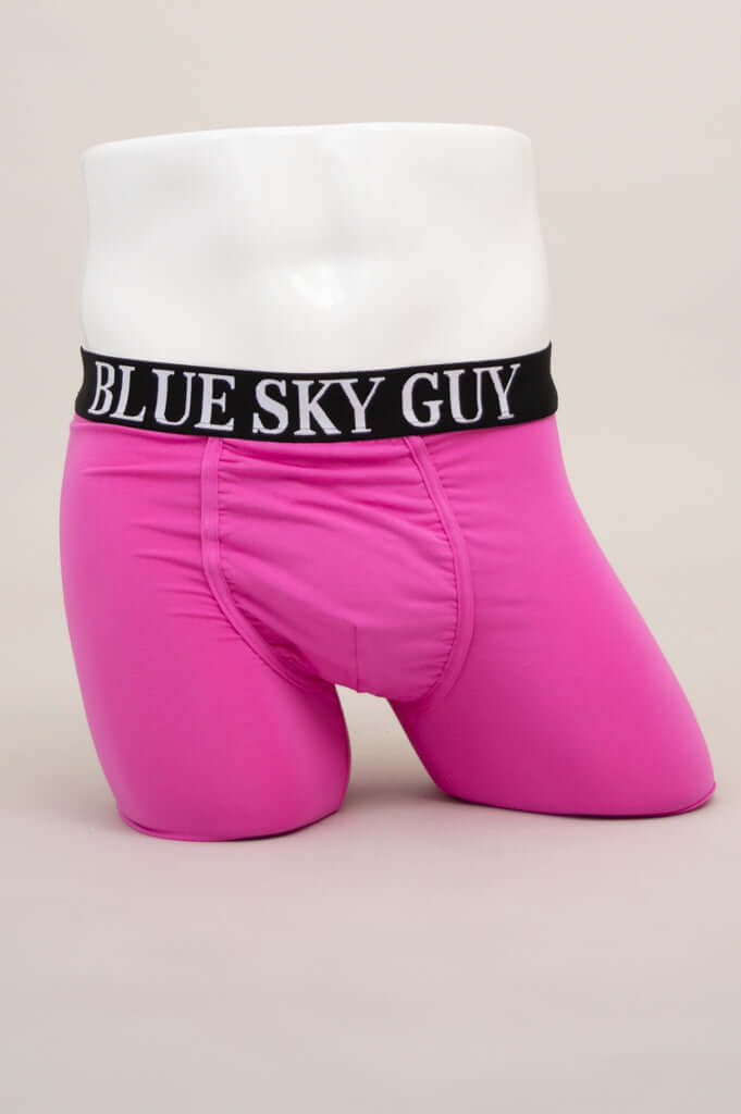 Front view of hot pink boxer briefs with black BLUE SKY GUY waistband on mannequin