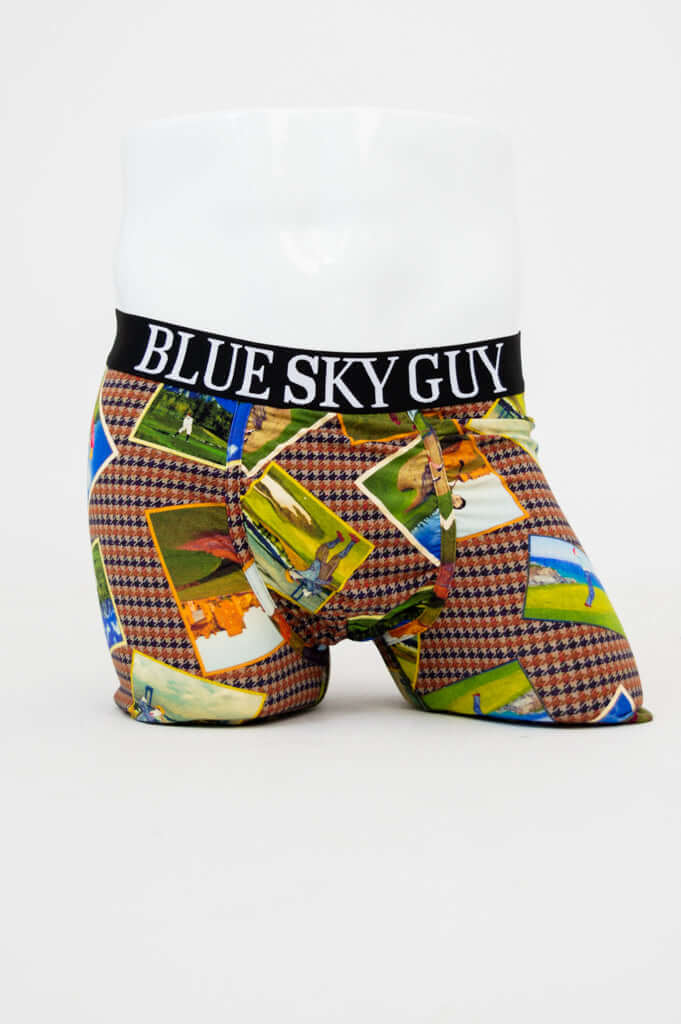 Front view of Middle Man Bamboo Boxer Briefs with golf print and 'Blue Sky Guy' waistband