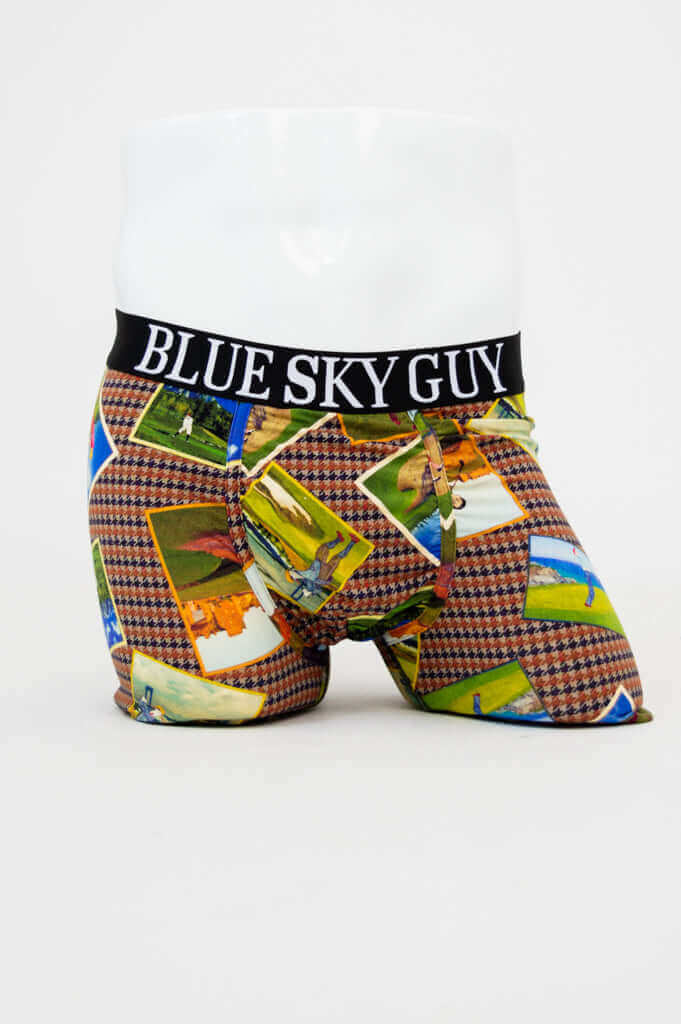 Front view of Middle Man Underwear with golf postcard print and Blue Sky Guy waistband