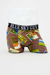 Front view of Middle Man Underwear with golf postcard print and Blue Sky Guy waistband