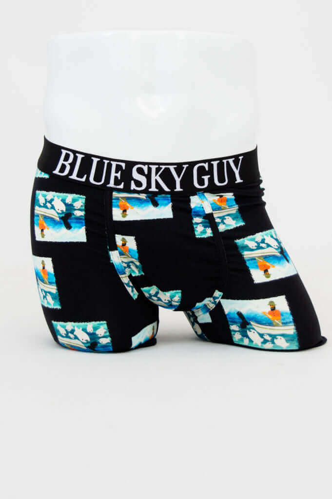 Front view of Middle Man Underwear Sea Adventure print on mannequin with BLUE SKY GUY waistband