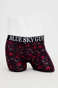 Front view of Middle Man bamboo boxer briefs with red floral print and BLACK SKY GUY waistband