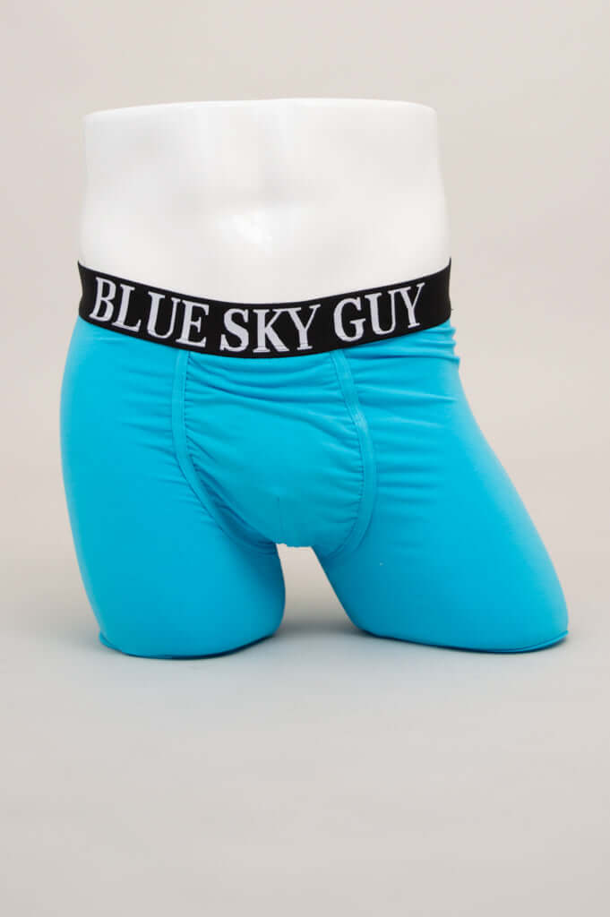Front view of bright blue bamboo boxer briefs with logo waistband on mannequin