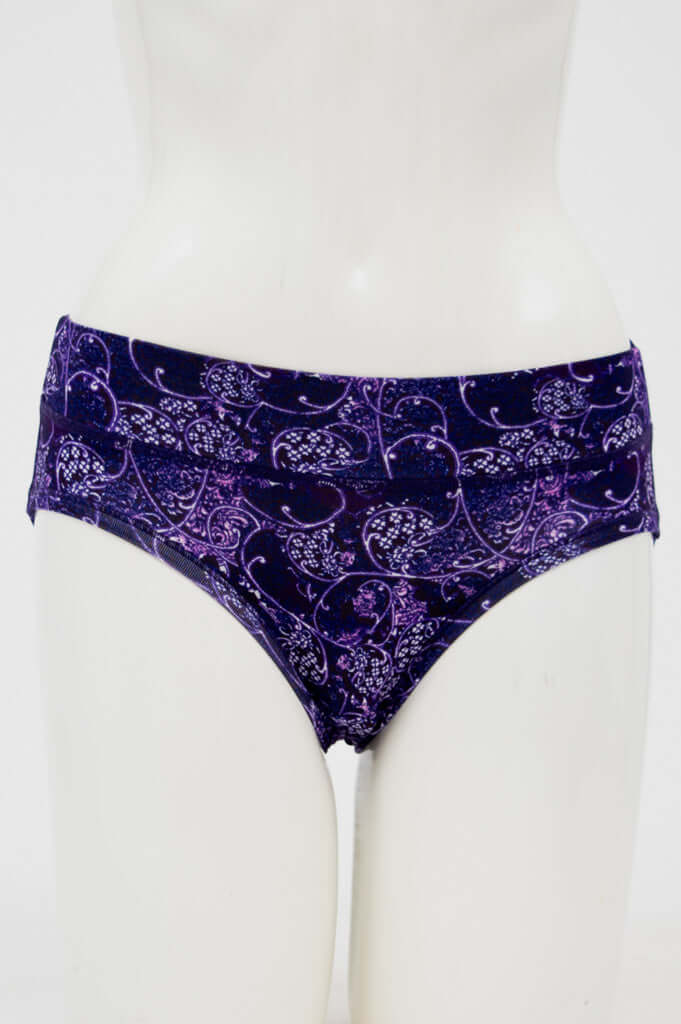 Front view of a purple hipster bamboo underwear with vine pattern on a mannequin