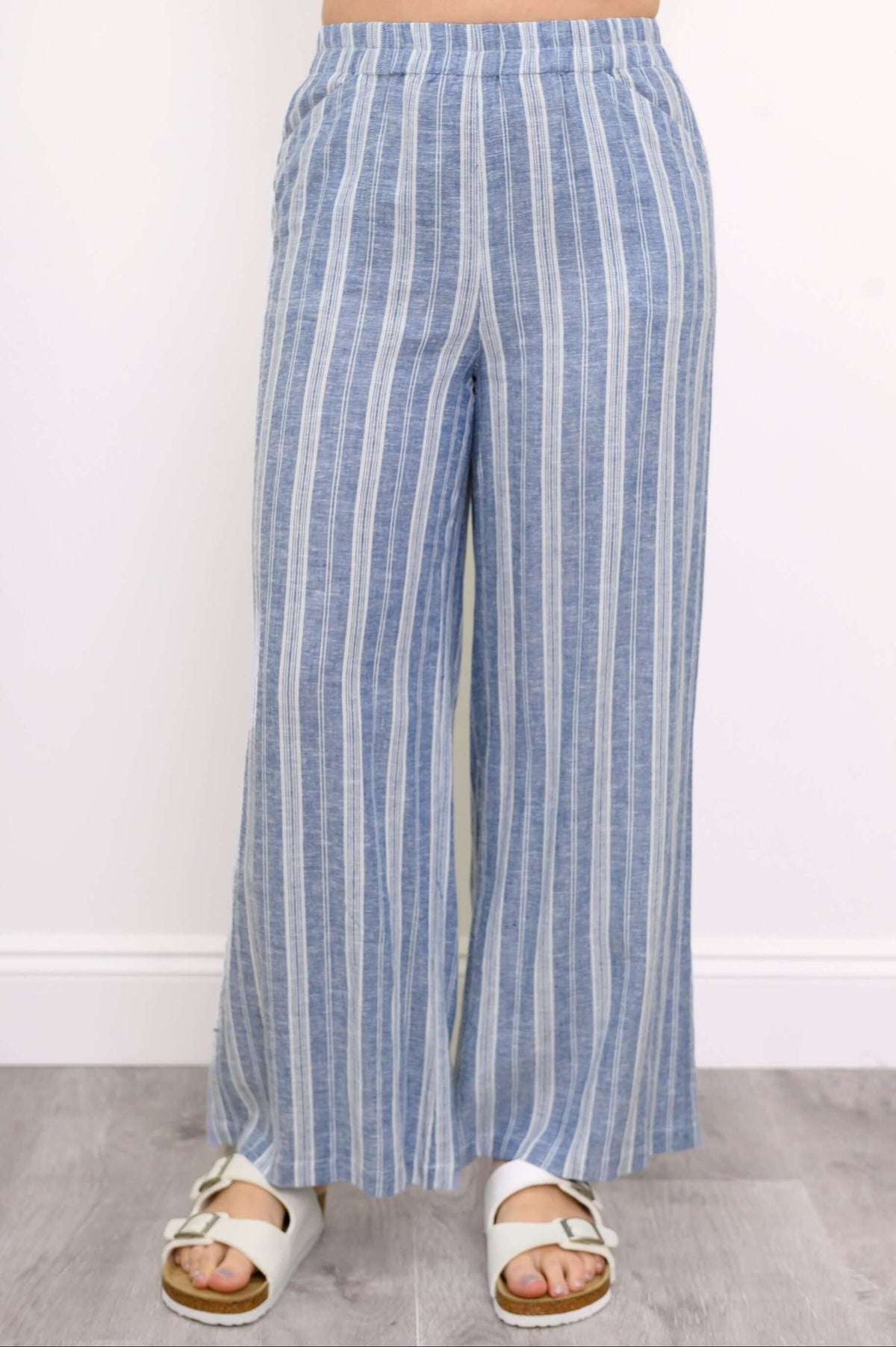 Front view of Parker blue striped wide-leg pants with elastic waistband