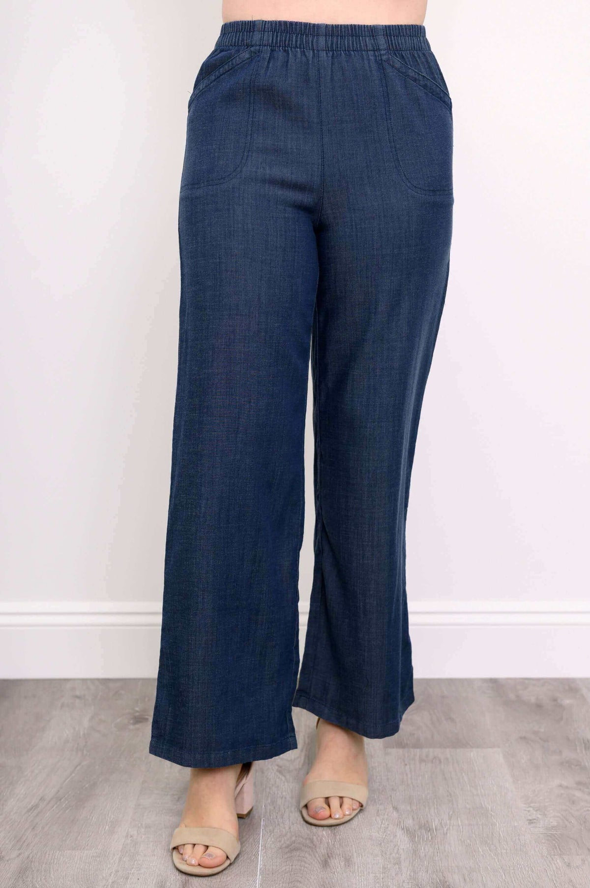 Front view of Parker wide leg tencel pants showing flat front pockets