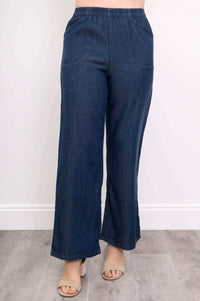 Front view of Parker wide leg tencel pants showing flat front pockets
