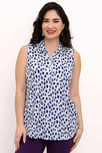 Front view of The Hula sleeveless quarter-zip blue spotted tank top