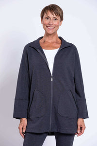 Front view of a woman wearing a dark grey zip-up dolman sleeve jacket