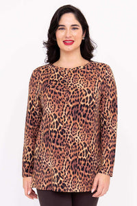 Front view of a woman wearing a long sleeve leopard print top