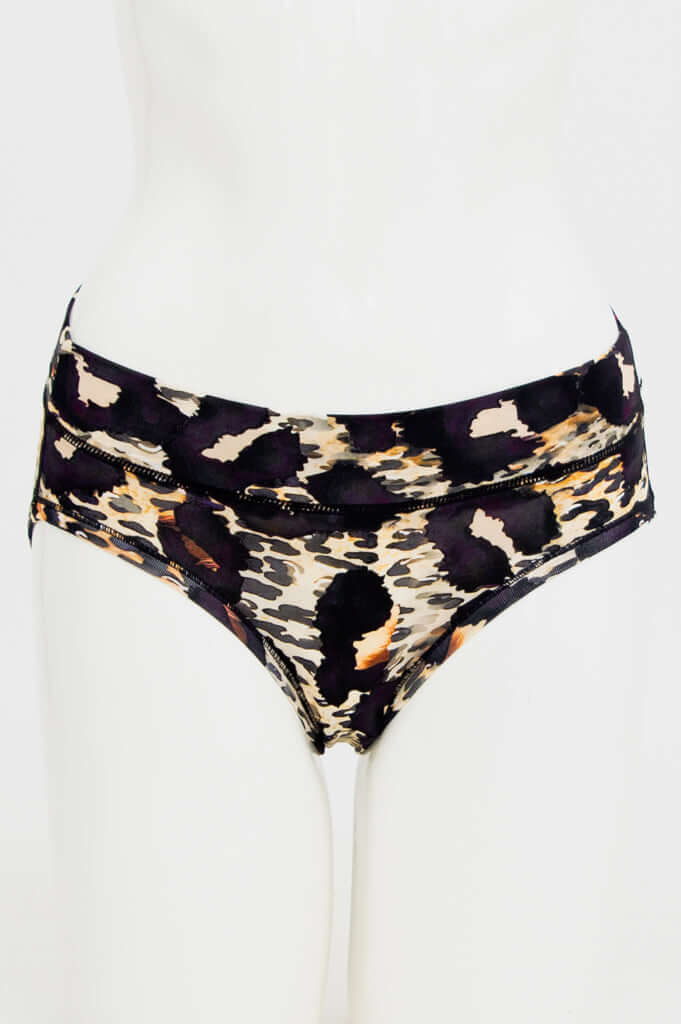 Front view of women's low-rise hipster underwear in animal print on mannequin