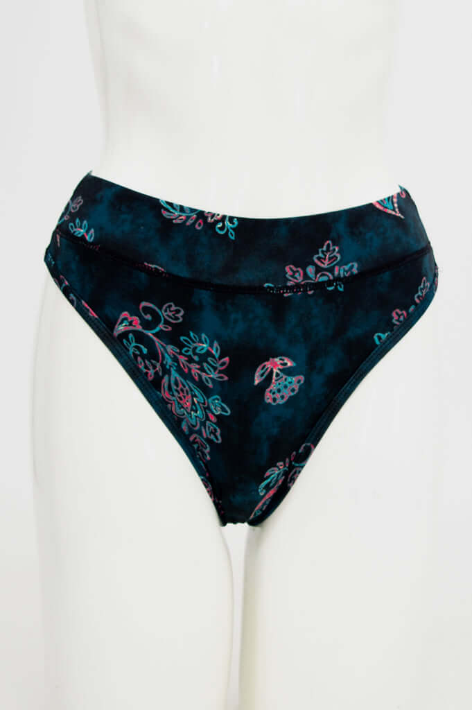 Front view of bamboo high rise thong underwear with floral print on mannequin