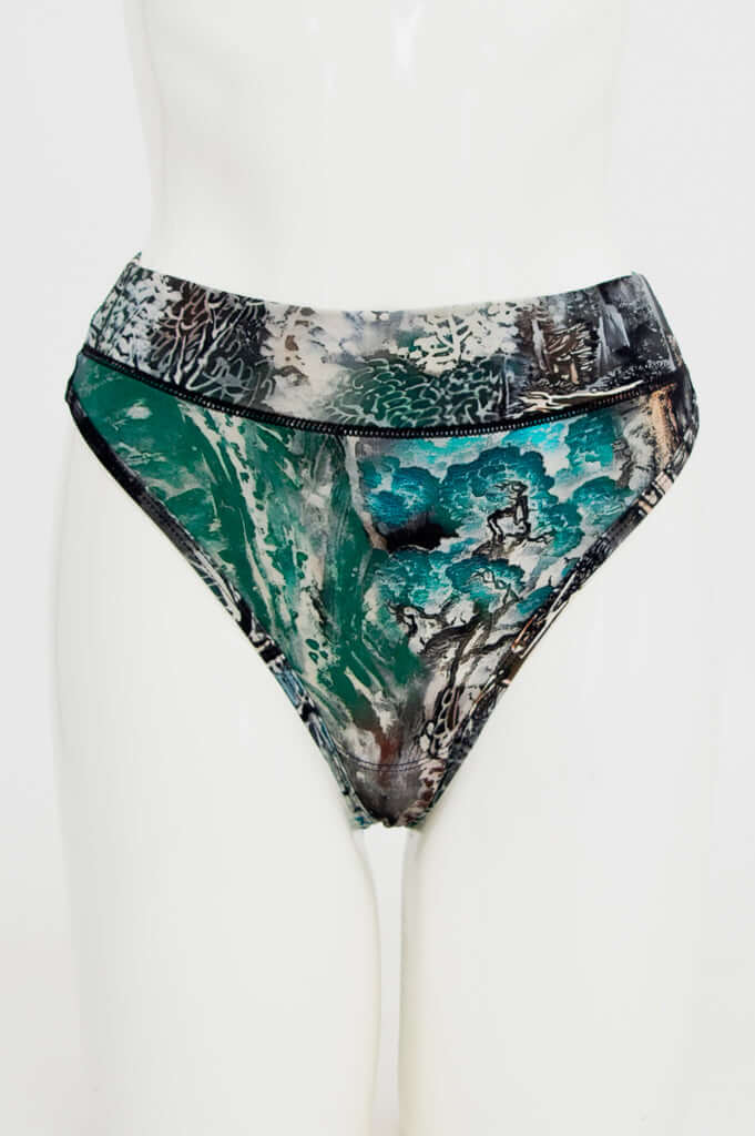 Front view of bamboo high rise thong with botanical print on mannequin