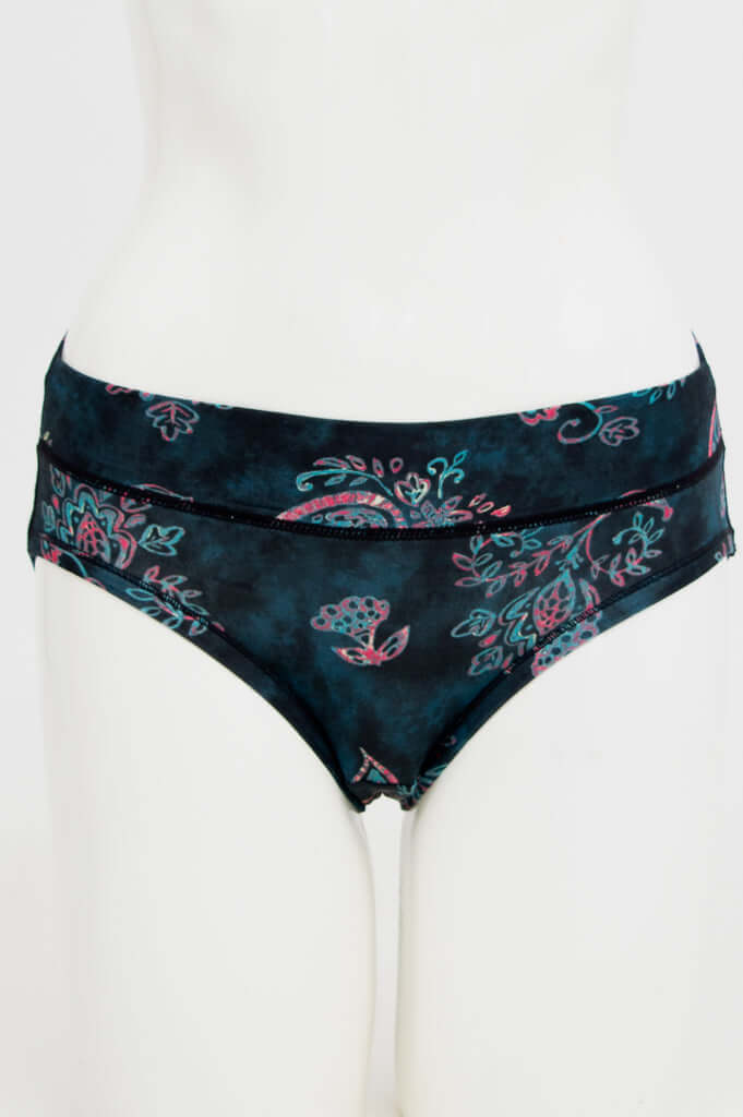 Front view of bamboo hipster brief underwear in midnight paisley print
