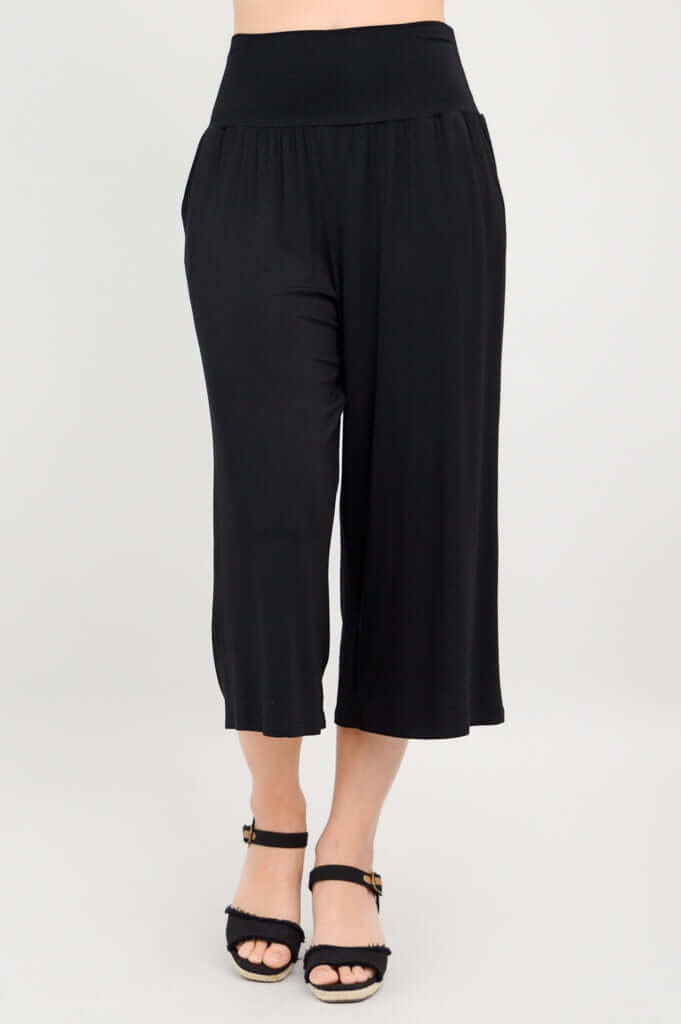 Front view of black Gaylene bamboo capri pants with wide waistband