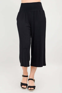 Front view of black Gaylene bamboo capri pants with wide waistband