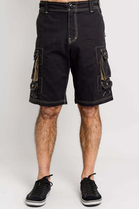 Front view of black canvas cargo shorts with utility pockets