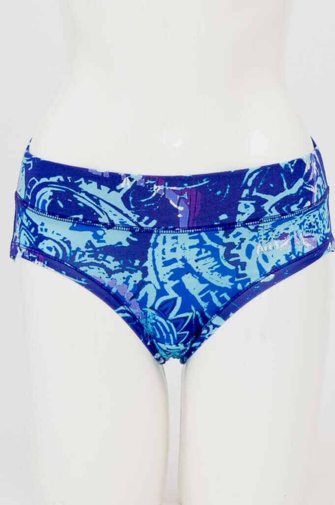 Front view of blue abstract print hipster underwear on mannequin