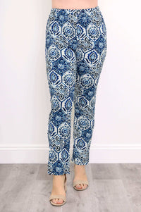 Front view of blue and white indigo mosaic slim pants