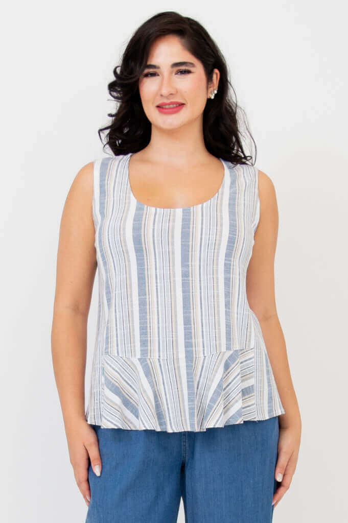 Front view of a woman wearing a blue and white striped peplum tank top