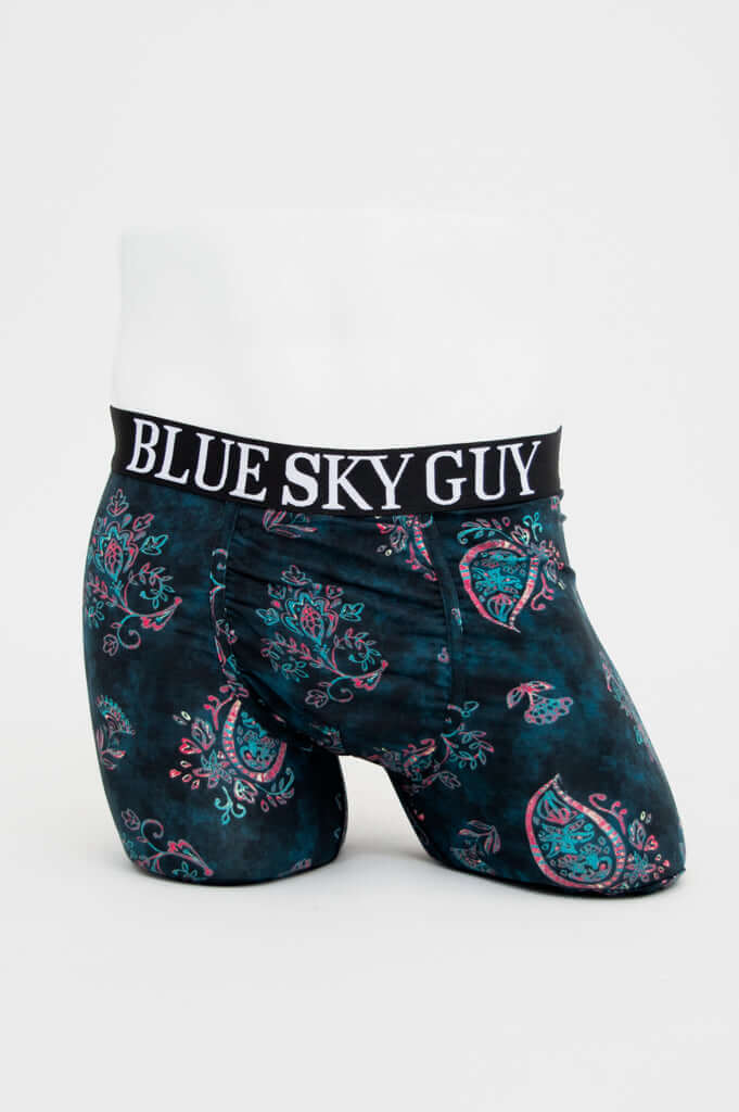 Front view of blue paisley men's bamboo boxer briefs with wide waistband