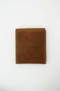 Front view of a closed brown leather wallet on a white background