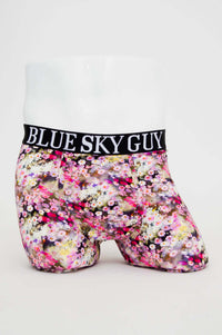Front view of floral print men's boxer briefs with black waistband labeled Blue Sky Guy