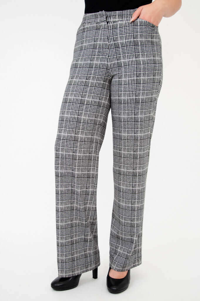 Front view of high-waisted plaid straight leg trousers with pockets