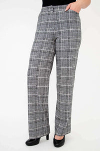Front view of high-waisted plaid straight leg trousers with pockets