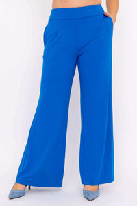 Front view of high-waisted wide-leg blue pants with pockets