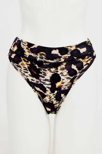 Front view of high rise bamboo thong with leopard print pattern