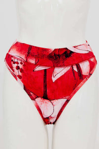 Front view of high rise red bamboo thong underwear on mannequin