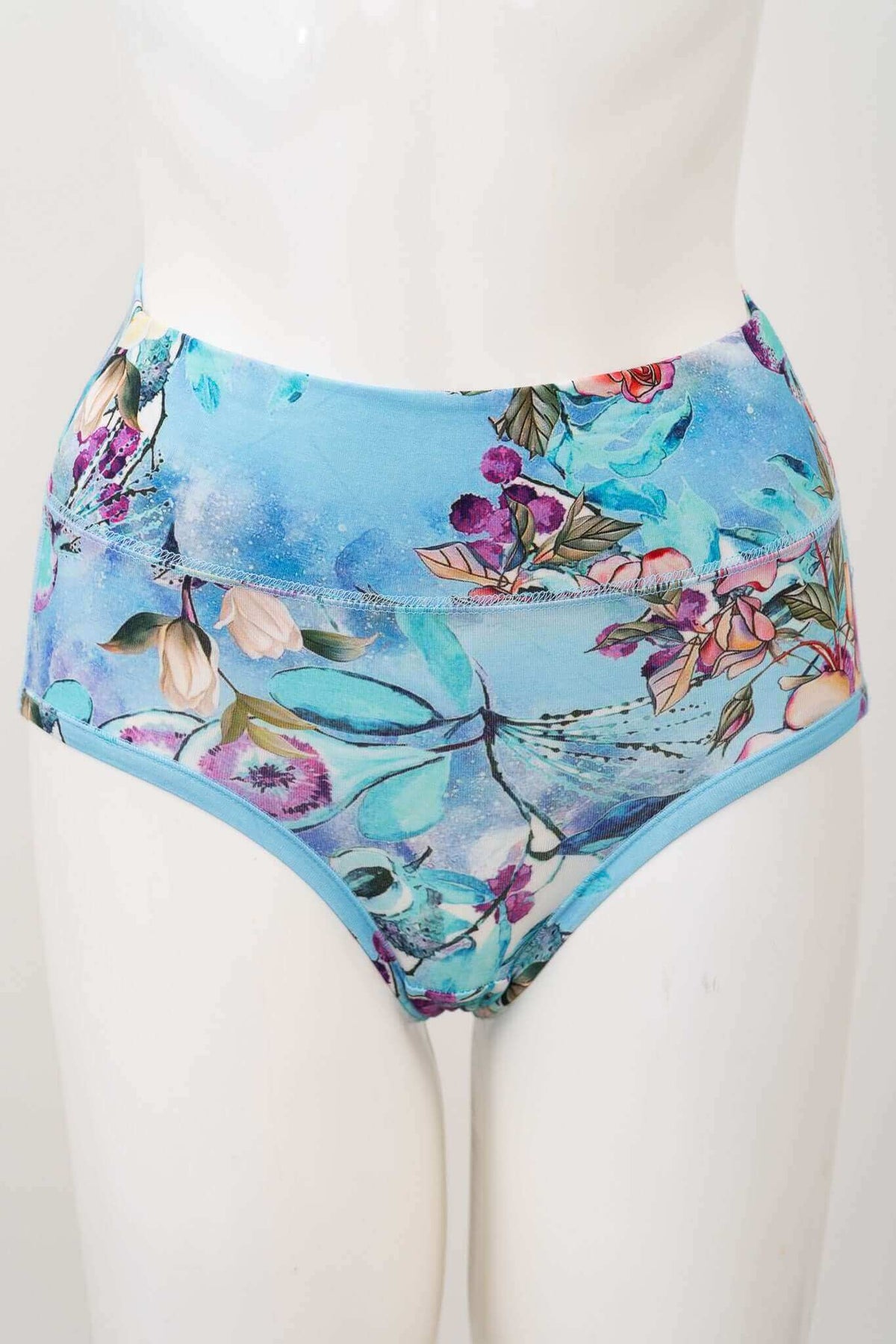 Front view of high waisted bamboo brief with blue floral pattern