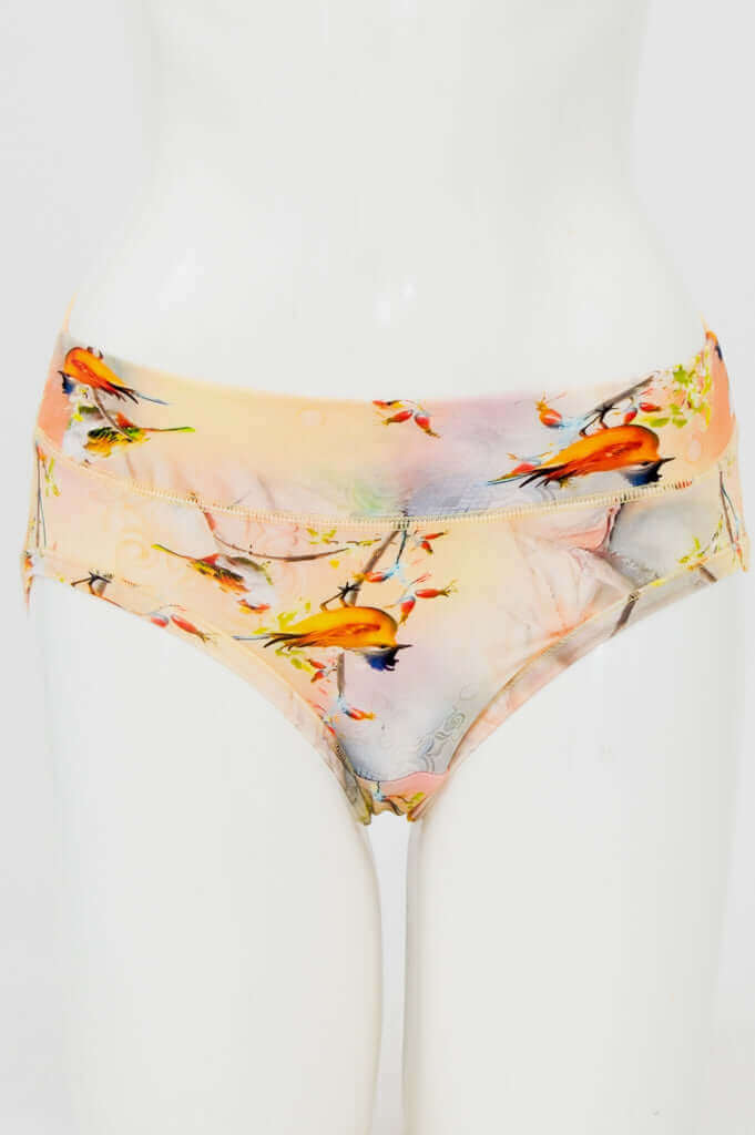 Front view of hipster bamboo underwear with songbird print on mannequin