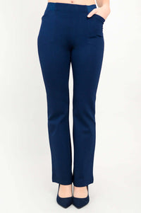 Front view of indigo flare modal pants with hand in pocket