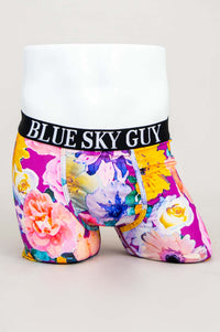 Front view of men's floral bamboo boxer briefs with wide black waistband and colorful flower print