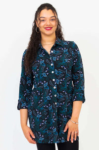 Front view of model showing details of button-down bamboo tunic shirt