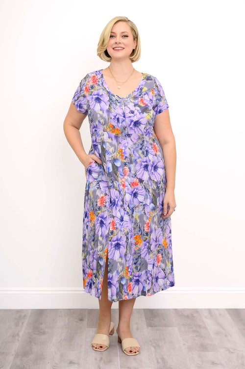 Front view of model wearing purple floral print bamboo-linen Morgan dress