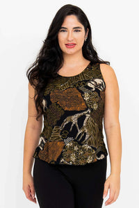 Front view of model wearing sleeveless tank top with African animal print
