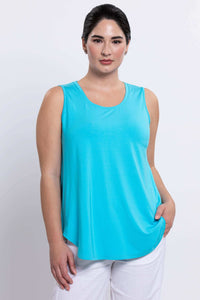 Front view of model wearing a sleeveless blue bamboo tank top