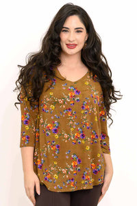 Front view of model wearing Jackie Top in floral bamboo with V-neck