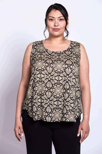 Front view of model wearing black floral sleeveless linen-bamboo tank top