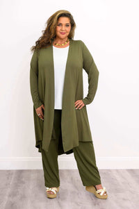 Front view of model wearing olive green long high-low bamboo duster and matching pants