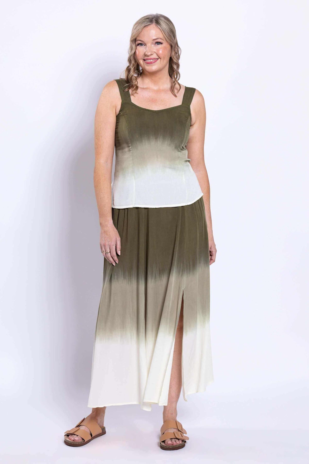 Front view of olive ombre maxi skirt showing leg slit