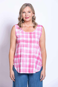 Front view of woman wearing pink plaid sleeveless tank top with scoop neck