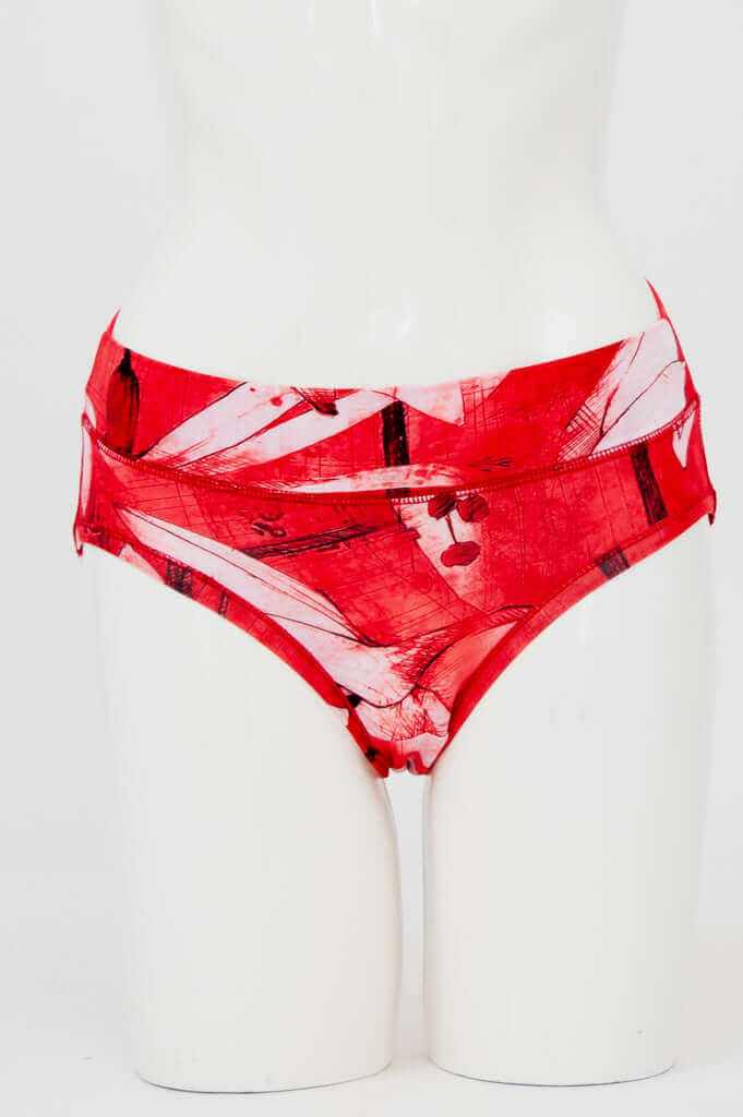 Front view of red abstract print bamboo hipster briefs on mannequin
