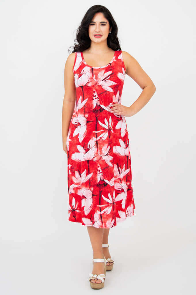 Front view of woman wearing a red floral tank dress
